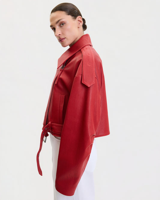 VINTAGE-FINISH OVERSIZED BIKER LEATHER JACKET