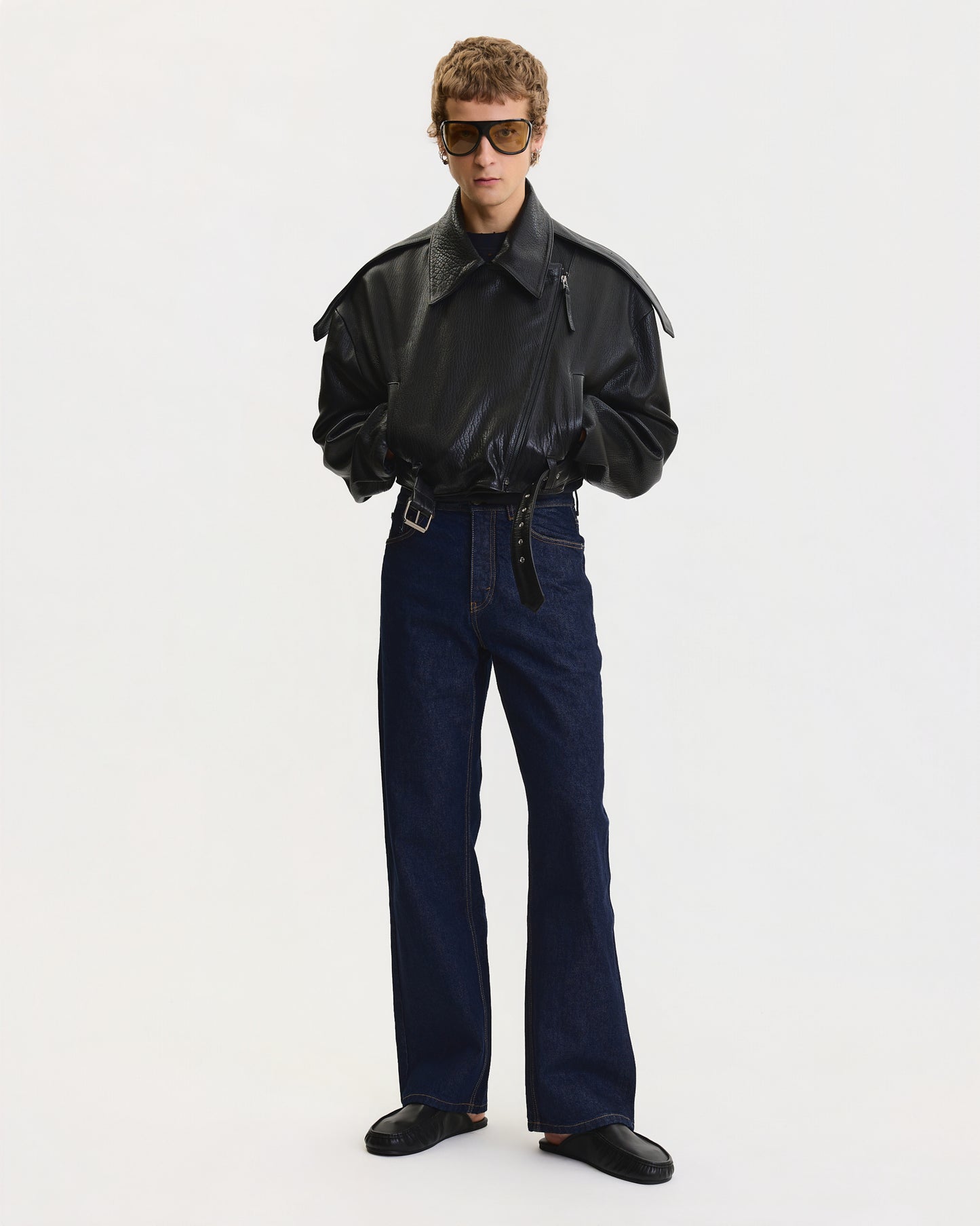 VINTAGE-FINISH OVERSIZED BIKER LEATHER JACKET