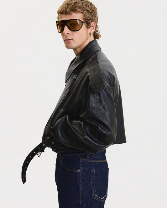 VINTAGE-FINISH OVERSIZED BIKER LEATHER JACKET
