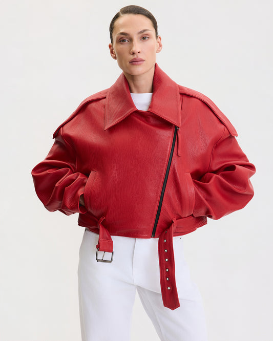 VINTAGE-FINISH OVERSIZED BIKER LEATHER JACKET