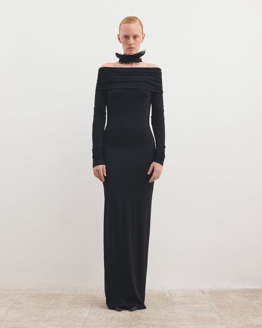 MAXI DRAPE OFF-SHOULDER DRESS