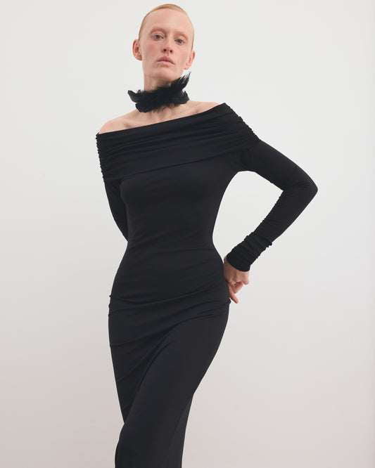 MAXI DRAPE OFF-SHOULDER DRESS