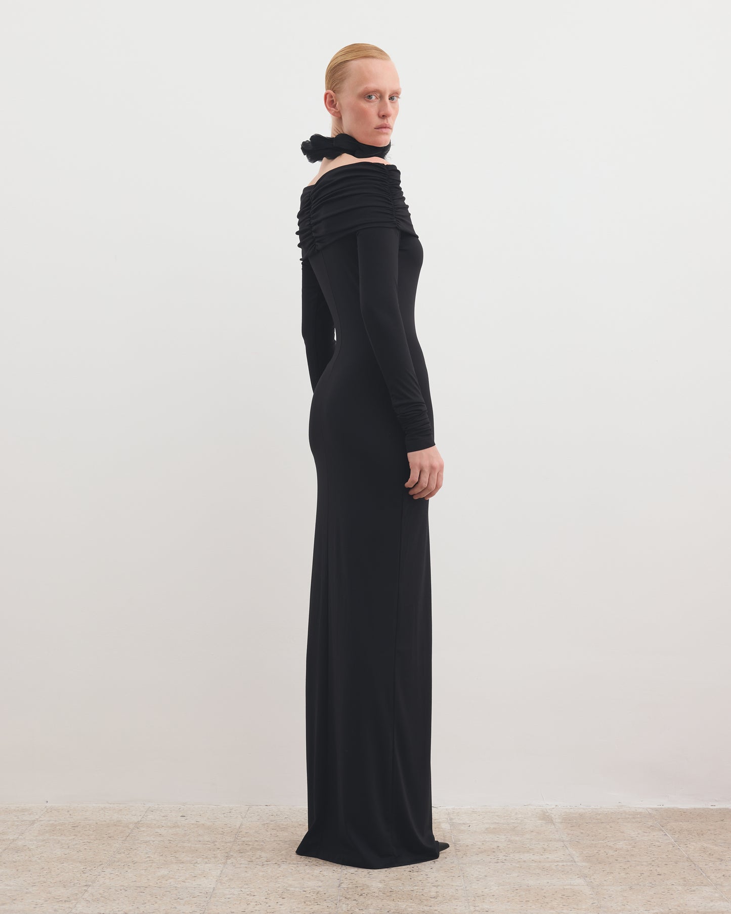 MAXI DRAPE OFF-SHOULDER DRESS